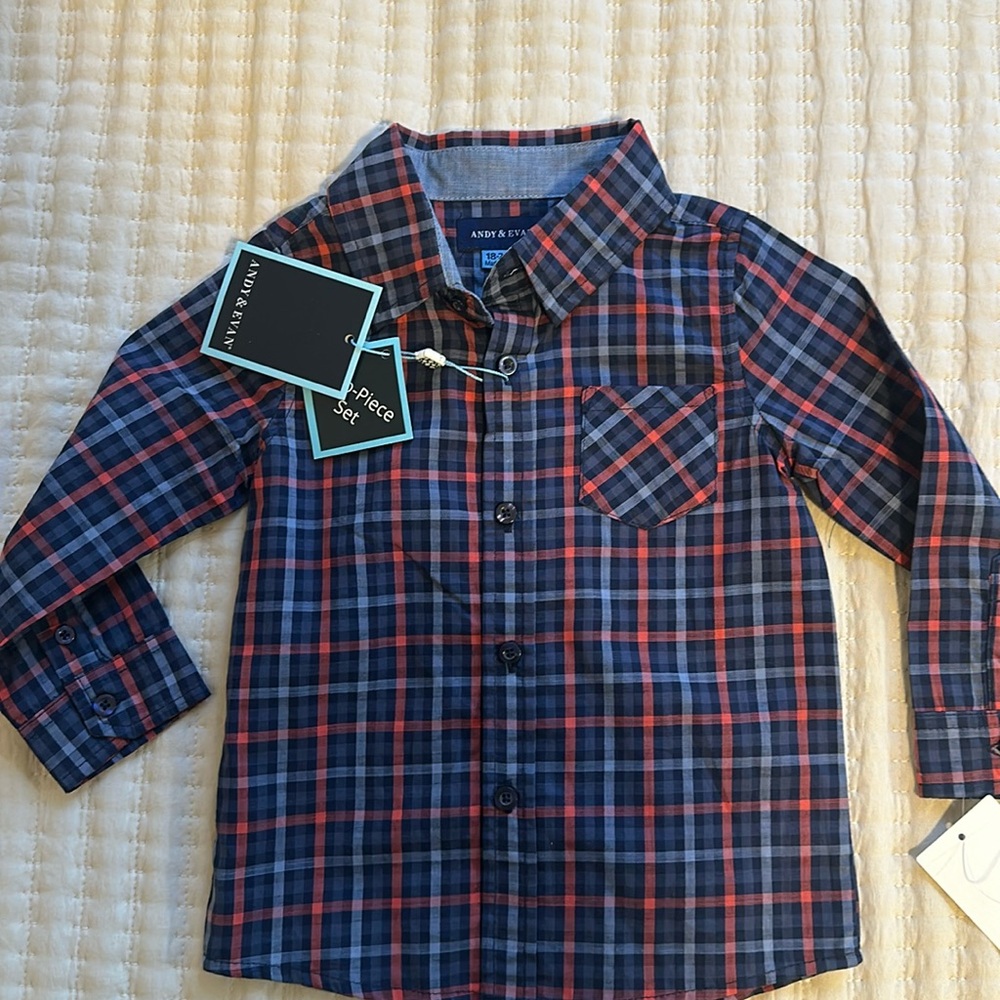 Andy & Evan 18-24m red and navy plaid button down shirt